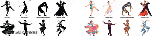 Canvas Print Colorful Dance Vector Illustrations with Jazz, Lyrical, Contemporary, and Ballro