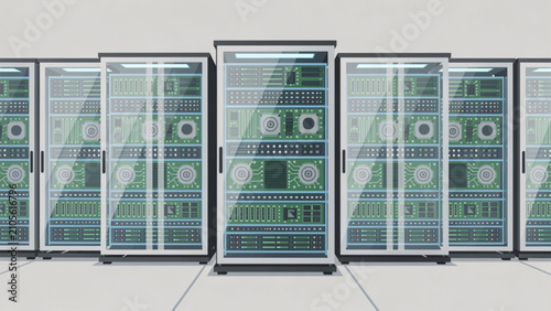 modern data center with multiple server racks containing green circuit boards and digital processors for cloud computing and data storage solutions
