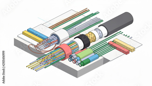 Close-up of colorful electronic cables and fibers connected to circuit board with various components for technology and electronics background