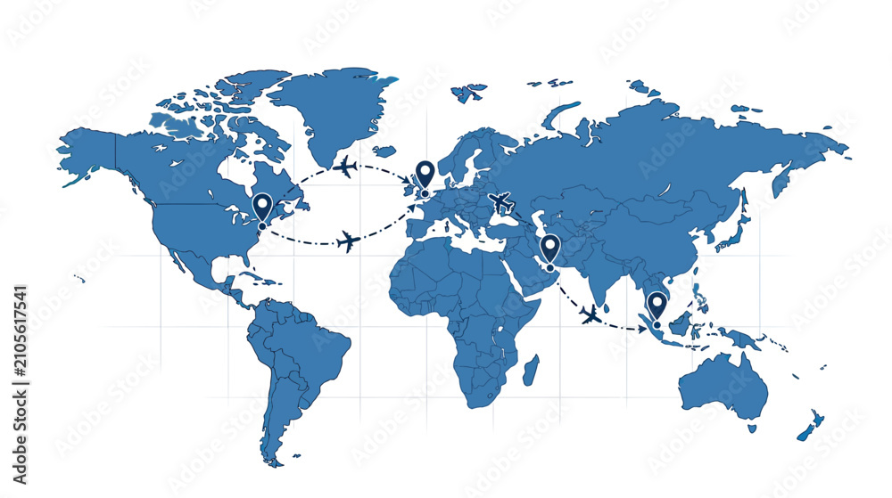 Fototapeta premium World Map with Travel Routes and Pins