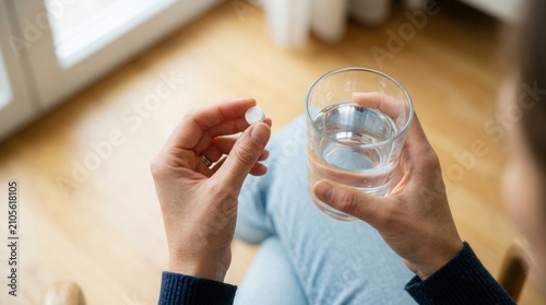 Woman taking medicine with a white pill and a glass of fresh water.