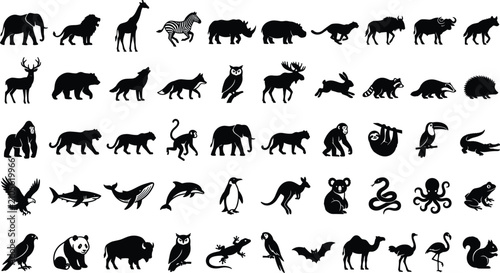 Canvas Print Global Wild Animals Solid Black Silhouette Icon Set featuring Safari Mammals Fo