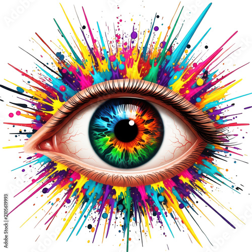 Vibrant psychedelic eyeball explosion of colors splattered around eye iris showing colorful patterns and abstract shapes representing vision and perception.