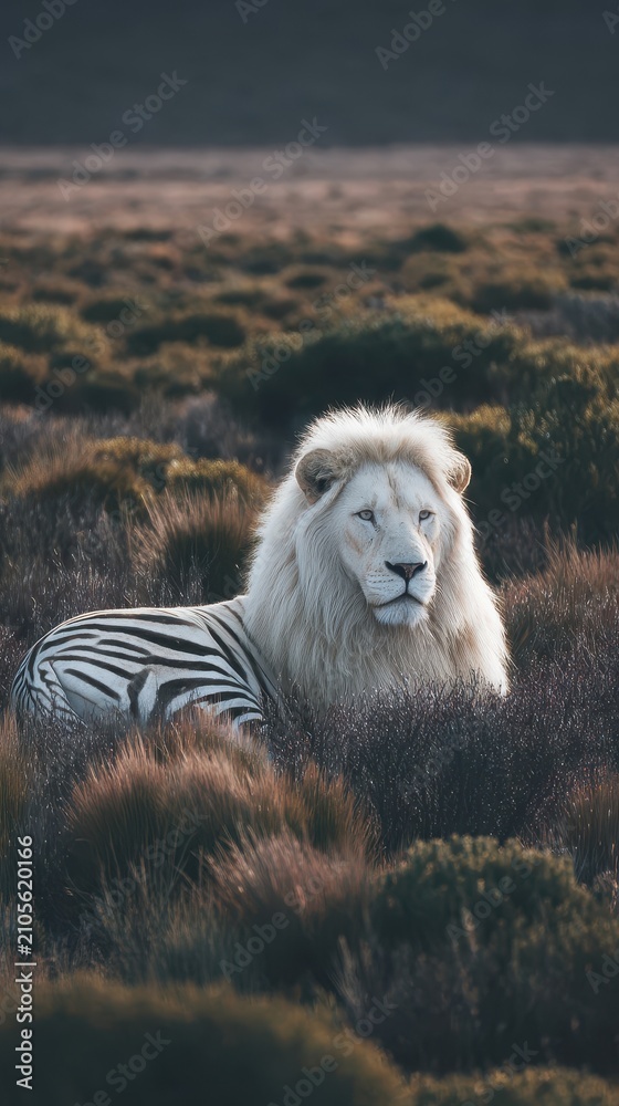 Obraz premium Majestic white lion with zebra stripes blending into the savanna.