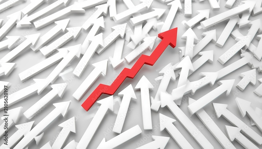 Fototapeta premium Bright red arrow pointing upwards stands out among many plain white arrows representing growth success leadership and unique business vision