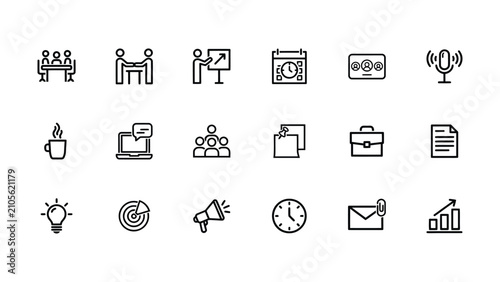 Collection of minimalist icons representing business meeting concepts communication tools and office activities on transparent background