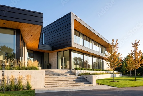 Modern luxury house exterior with contemporary architecture, large glass windows, black metal siding, and wooden soffits, set in a landscaped garden
