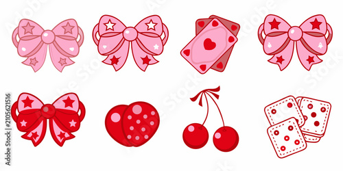 Foto Pink And Red Bows With Hearts And Cherries Vector Illustration