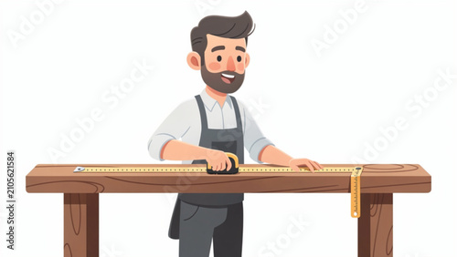 Happy male craftsman measuring wood with tape rule in workshop workshop environment woodworking tools workmen