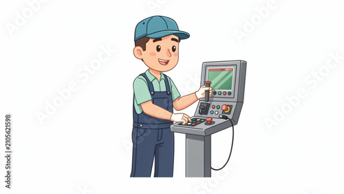Young boy operating industrial control panel with colorful screens and buttons in a playful cartoon style for educational or technology themes