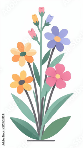 Colorful Garden Flowers Illustration with Bright Blossoms and Green Leaves for Nature and Spring Themes