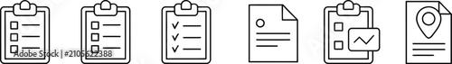 Minimalist grey line clipboard icon set showing document checklists report analytics and location pin paper isolated on white background.