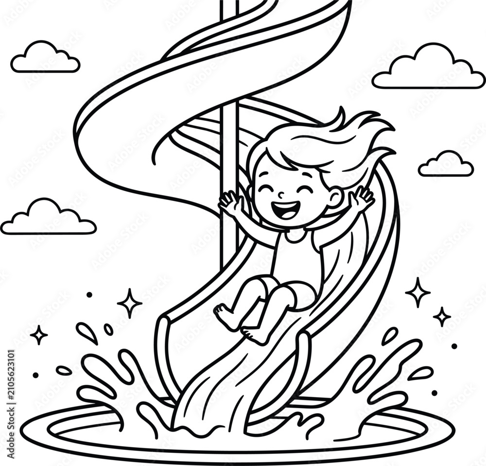 Naklejka premium Happy cartoon girl sliding down a spiral water slide into a swimming pool coloring book page vector illustration for kids