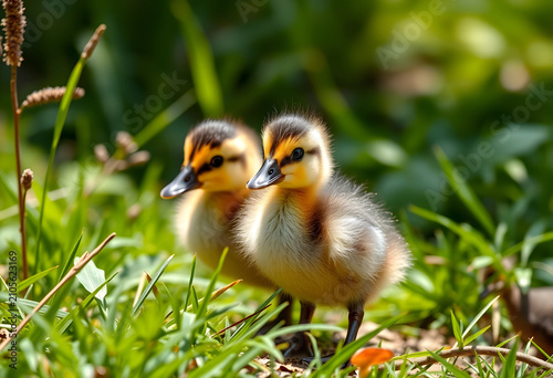 Two fluffy ducklings standi...