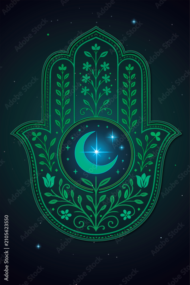 Fototapeta premium A green botanical Hamsa with intricate leaf patterns and a central crescent moon surrounded by stars. A deep green gradient background enhances the calm, celestial protective design.