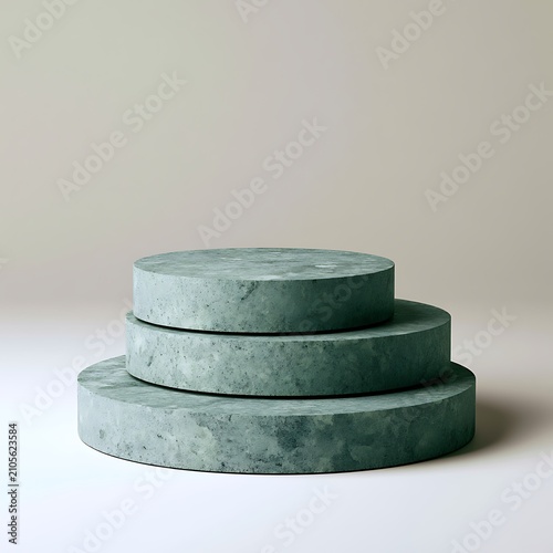 Three tiered sage green granite circular display pedestal minimalist studio product presentation