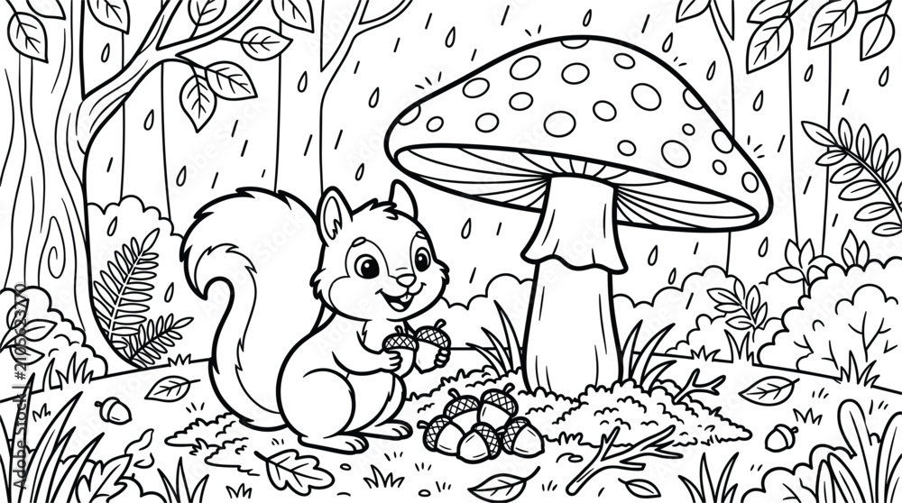 Fototapeta premium Rainy day forest coloring book page vector illustration featuring a cute cartoon squirrel holding acorns under a giant mushroom