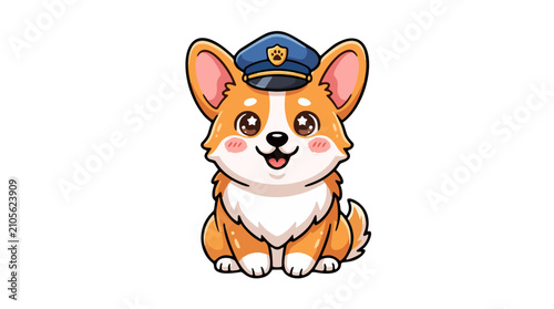 Cute kawaii corgi dog wearing a blue police hat officer mascot vector illustration