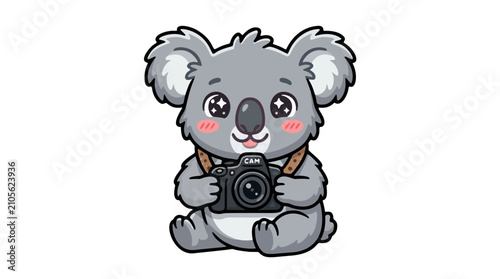 Cute cartoon koala photographer sitting and holding a camera vector illustration