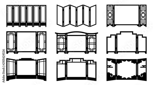Set of ornate room dividers and folding screens, black silhouette interior decor elements, oriental furniture style, traditional partition panels
