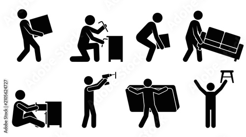 Set of human silhouette icons depicting home repair, furniture assembly, moving, lifting, maintenance, installation tasks, labor, renovation