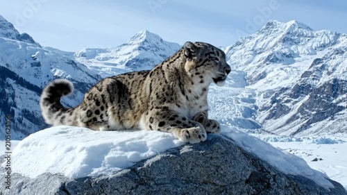 Snow leopard resting on rocky mountain peak. Rare wild feline in natural Himalayan habitat with snowy landscape.