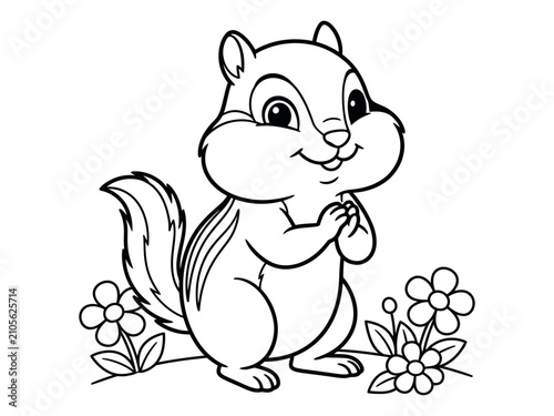 Cute squirrel with flowers coloring page illustration on a white background silhouette
