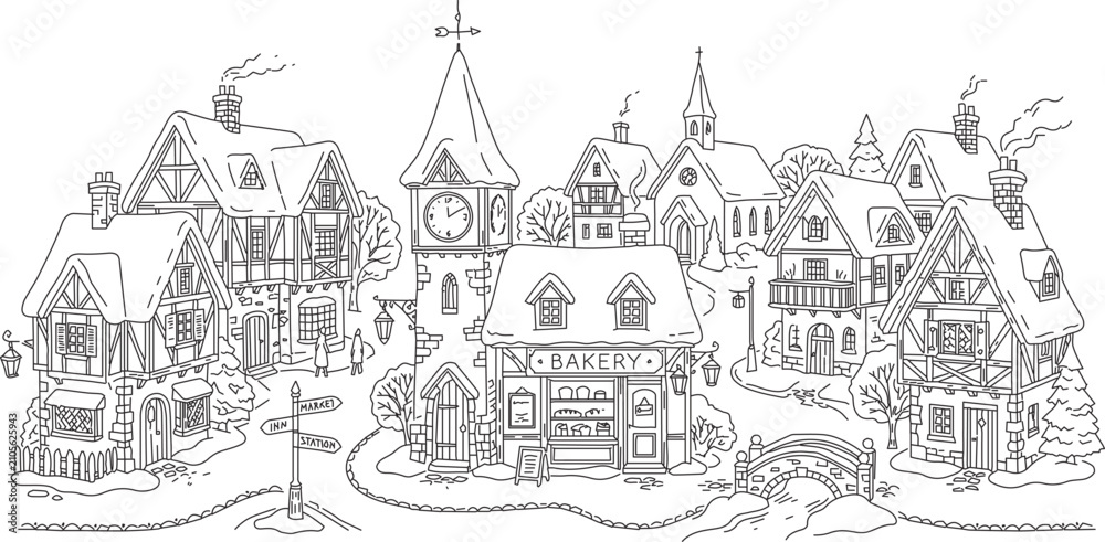 Fototapeta premium Hand Drawn Winter Village Line Art Scene with Cozy Houses, Bakery, Clock Tower and Snow
