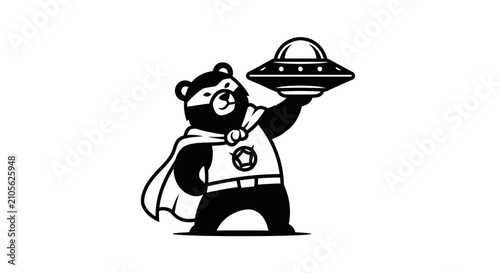 Tablou pe pânză Cartoon bear character holding spaceship in a black and white graphic design