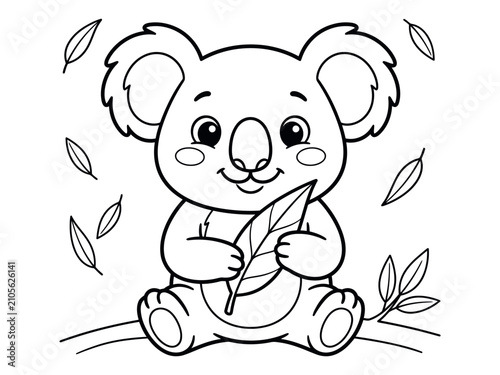 Photography Cute koala holding a leaf coloring page illustration with white background silho