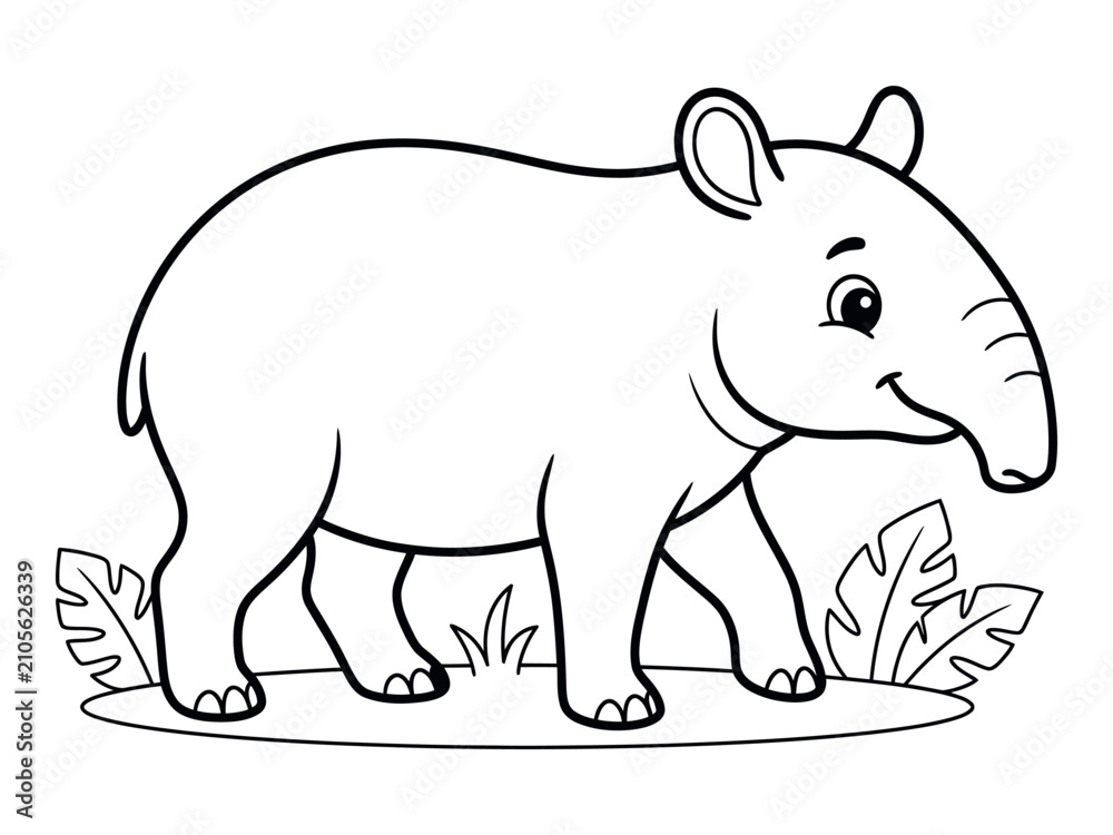 Obraz premium Tapir outline for coloring book with leaves and grass black and white silhouette