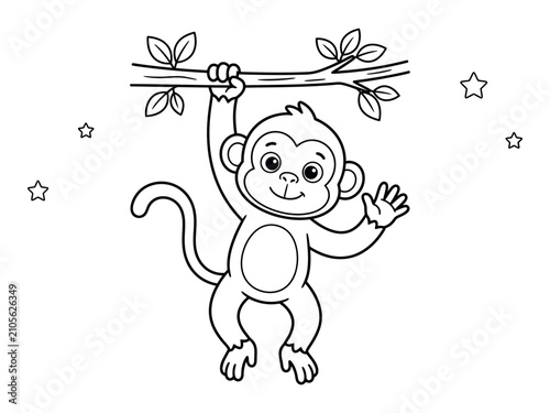 Canvas Print Playful monkey hanging from branch illustration for coloring pages black and whi