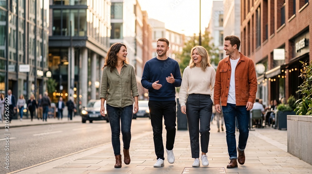 Fototapeta premium Four friends laughing while walking through downtown 