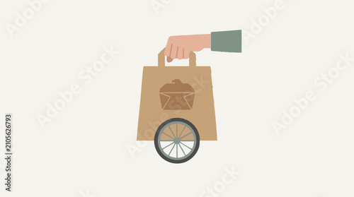 Bild auf Leinwand Graphic illustration of hand holding a wheeled paper bag for food delivery