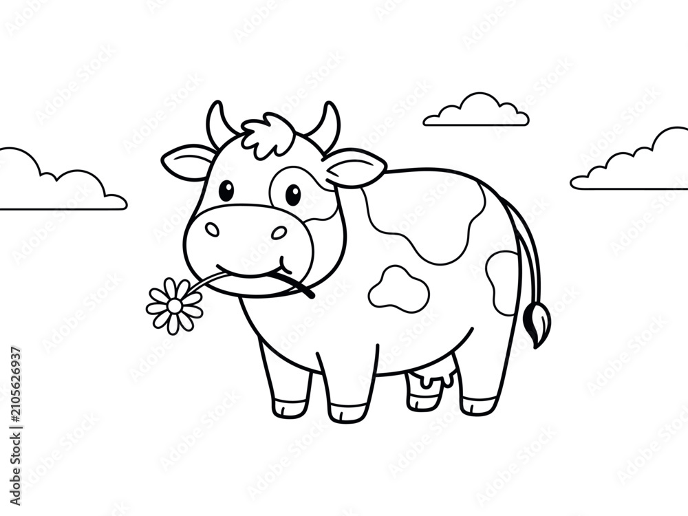 Obraz premium Cute cow eating flower with clouds coloring page illustration black and white silhouette