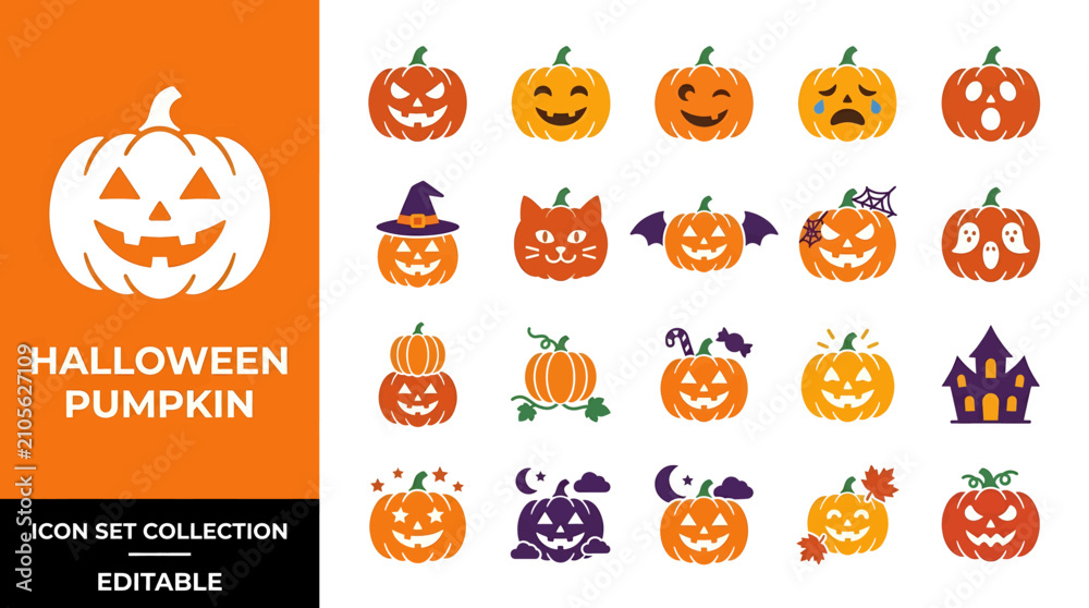 Obraz premium Comprehensive collection of creative Halloween pumpkin icons with diverse spooky and cute facial expressions for seasonal graphic design projects