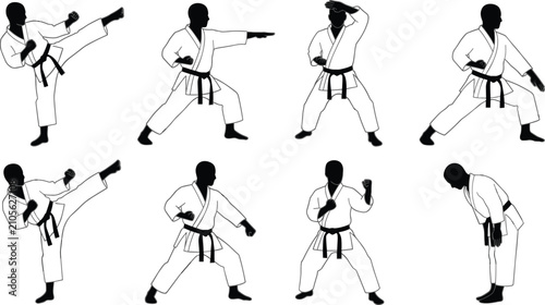 Vászonkép Martial arts fighters in karate gi uniforms executing dynamic kicks blocks punch