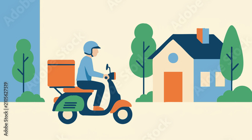 Cuadro en lienzo Delivery scooter rider approaching house, minimalist illustration
