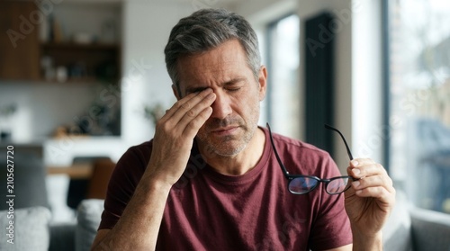 Symptoms of eye glaucoma and tired dry eyesight in a middle-aged man.