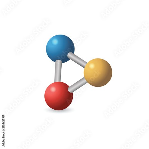 Triangular Molecular Model with Red, Blue, and Yellow Spheres