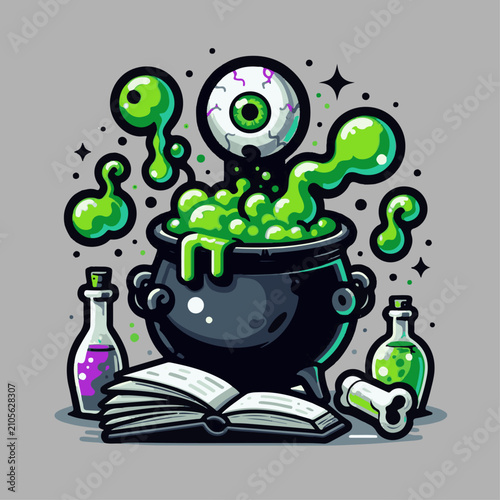 A stylized minimalist witch's cauldron with bubbling brew and potions in bottles, a Halloween-themed sticker