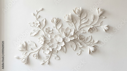 White Magnolia Flower Bas Relief Plaster Carving Wall Sculpture Background