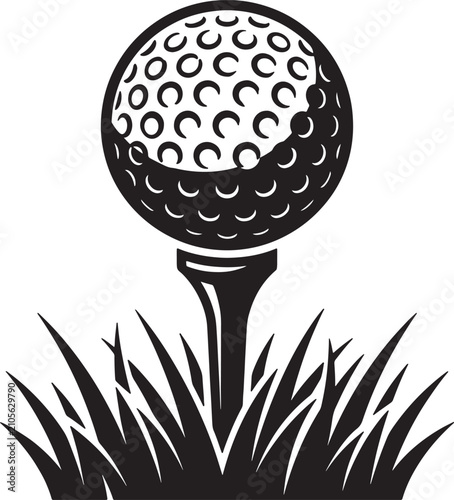 Golf ball sitting on tee in tall grass vector illustration for sports promotion.