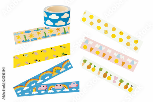 Washi Tape Pattern Collection Featuring Clouds Fruits And Rainbows Colorful Vector Illustration decorative
