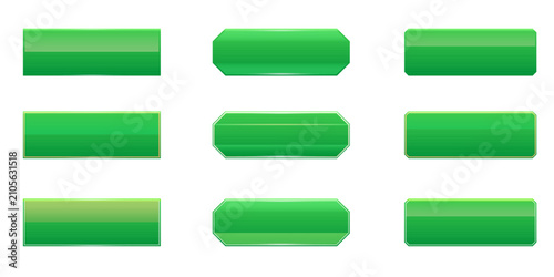 Green web button set isolated on white background. Vector illustration of glossy 3d green rectangular and rounded blank buttons banners with shiny glass gloss, gradient reflection, and light border.