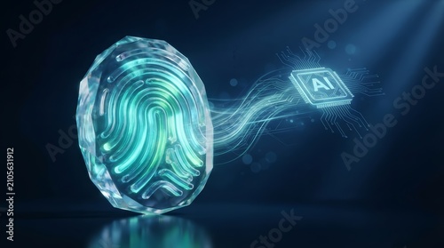 Biometric security technology featuring a crystal fingerprint and AI digital network hologram for data privacy.