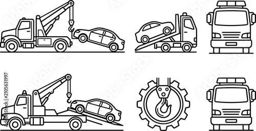 Schilderij op canvas Towing Truck Icon Vector Illustration Featuring Tow, Flatbed, Gear, Hook, Automo