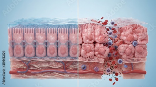 Comparison of healthy tight junctions versus leaky gut gaps in digestive health illustration.