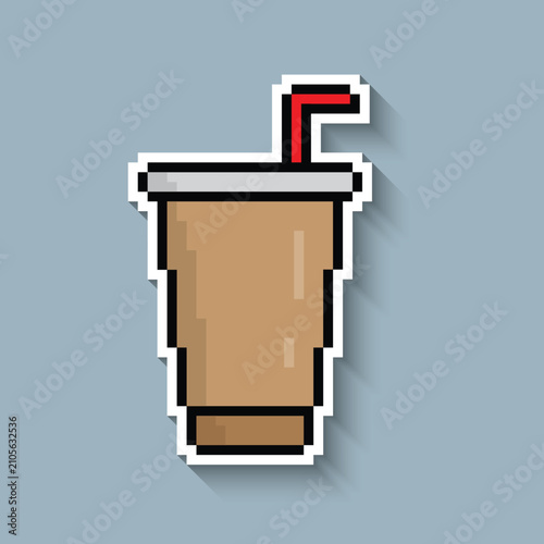 Coffee cup long shadow sticker 8 bit vector icon for computer game logo