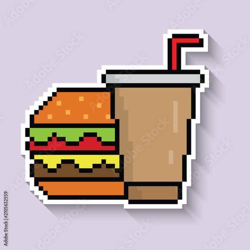 Burger with coffee long shadow sticker 8 bit vector icon for computer game logo